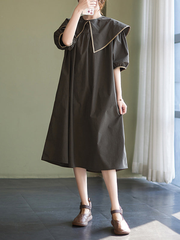 xakxx Loose Short Sleeves Pleated Split-Joint Peter Pan Collar Midi Dresses