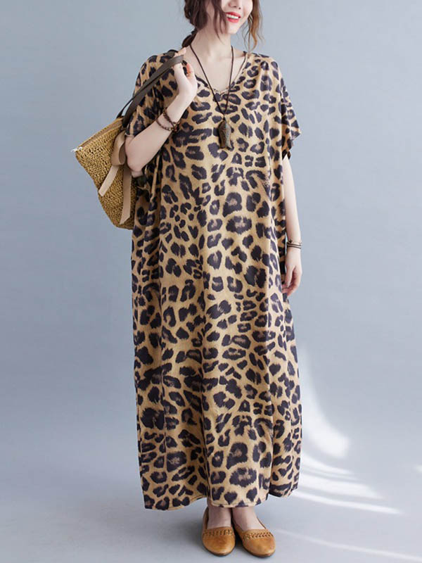 xakxx Loose Leopard V-Neck Batwing Sleeves Maxi Dress