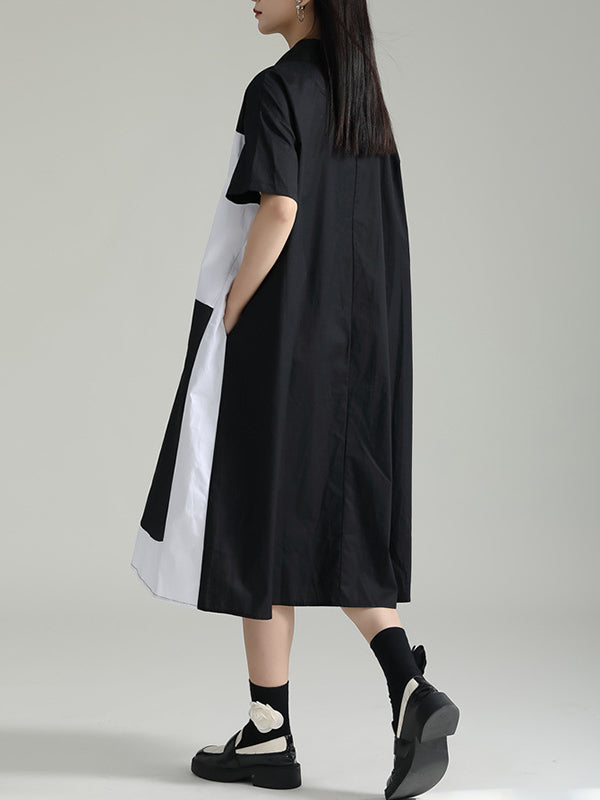 xakxx Loose Short Sleeves Asymmetric Contrast Color Split-Joint Lapel Midi Dresses Shirt Dress