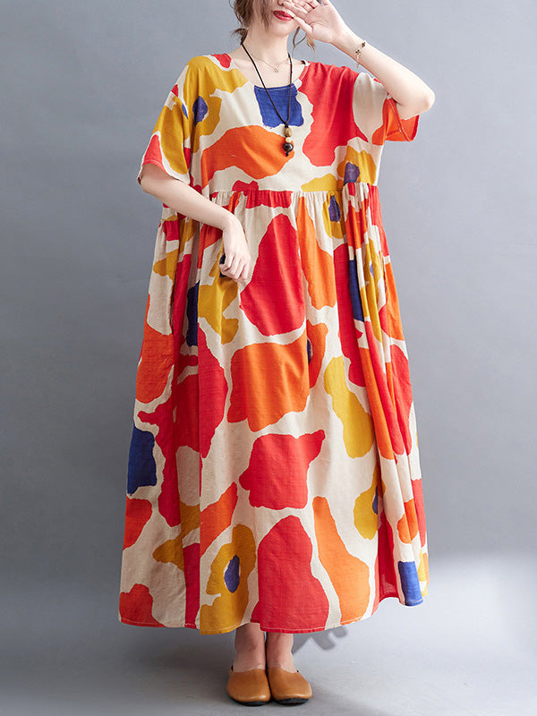 xakxx Artistic Retro Short Sleeves Loose Contrast Color Printed Round-Neck Midi Dresses