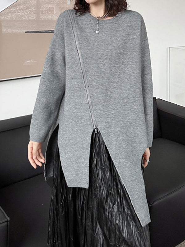 xakxx High-Low Long Sleeves Asymmetric Solid Color Zipper Round-Neck Pullovers Sweater Tops