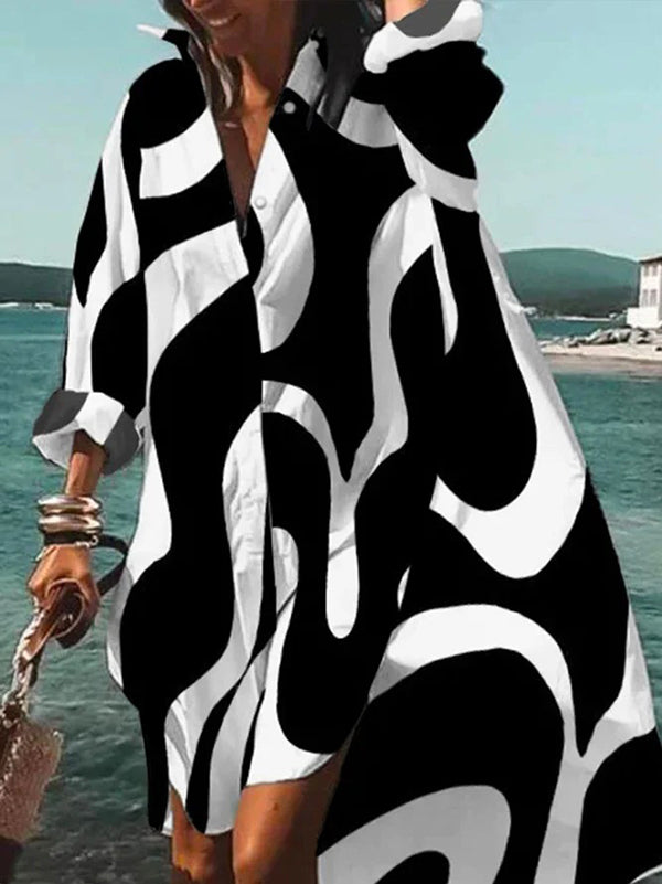 xakxx Urban High-Low Contrast Color Printed Midi Shirt Dress