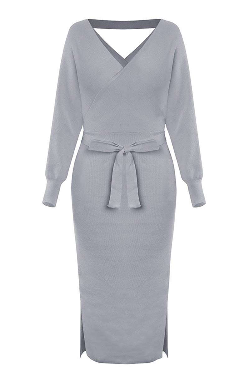 Xakxx V Neck Backless Sweater Dress(5 Colors)