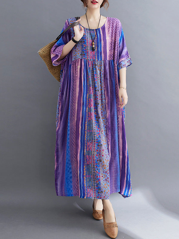 xakxx Vintage Side Pocket Striped Floral Printed Midi Dress