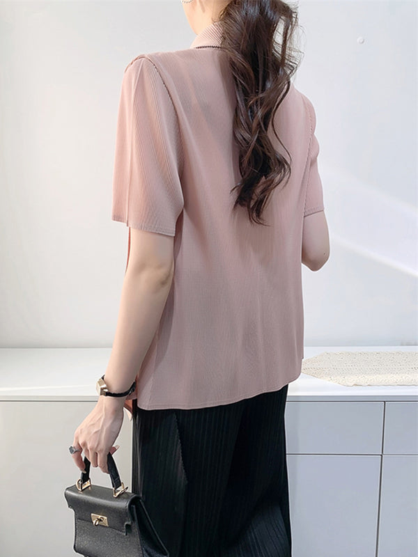xakxx Loose Short Sleeves Pleated Solid Color Collarless Outerwear