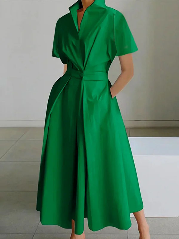 xakxx High Waisted Loose Pleated Solid Color V-Neck Midi Dresses