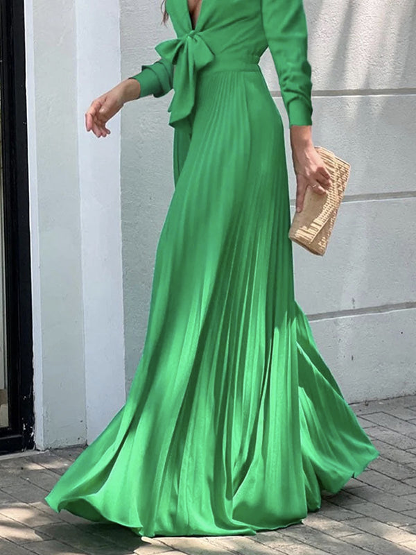 xakxx Simple Long Sleeves Lace-Up Pleated Solid Color Deep V-Neck Jumpsuits