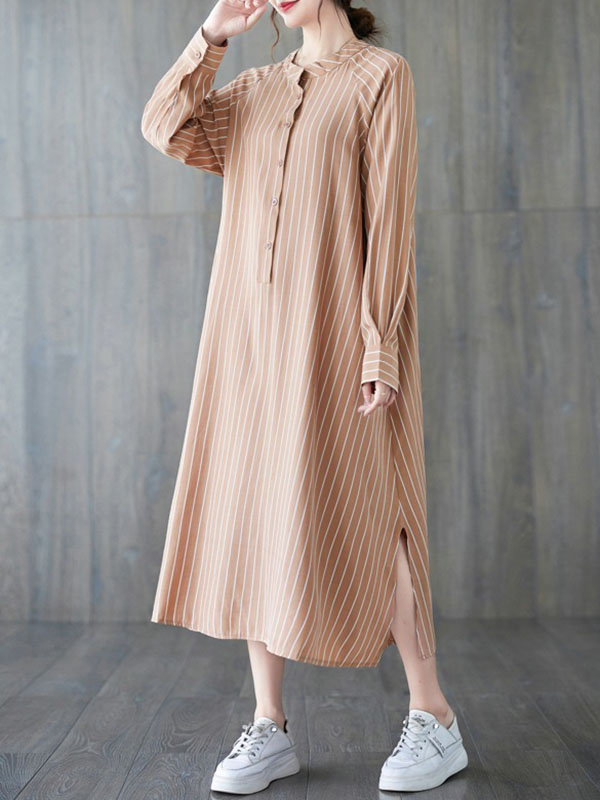 xakxx Long Sleeves Loose Buttoned Split-Side Striped Round-Neck Midi Dresses Shirt Dress