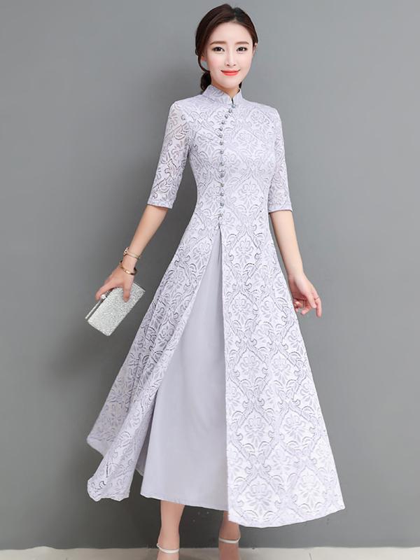 xakxx Gray&Coffee Lace A-line Long Cheongsam Ao Dai
