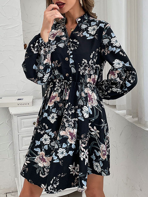xakxx A-Line High Waisted Buttoned Drawstring Elasticity Flower Print V-Neck Mini Dresses