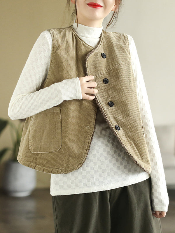 xakxx Vintage Sleeveless Loose Buttoned Split-Joint Solid Color Round-Neck Vest Outerwear