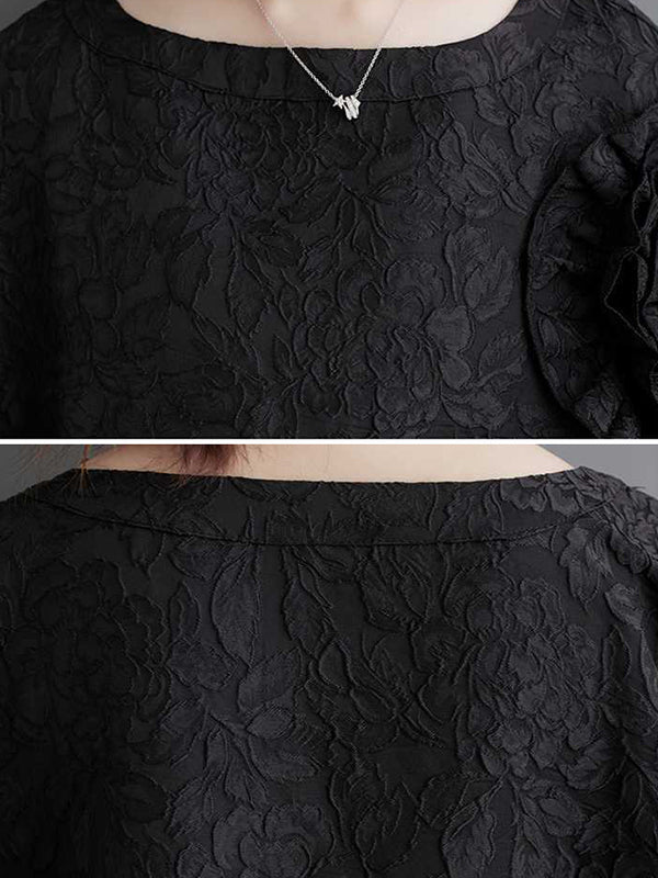 xakxx Batwing Sleeves Loose Asymmetric Flower Shape Gauze Jacquard Pleated Solid Color Split-Joint Round-Neck Midi Dresses