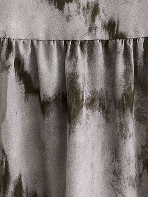 xakxx Long Sleeves Loose Pleated Split-Joint Tie-Dyed Stand Collar Midi Dresses