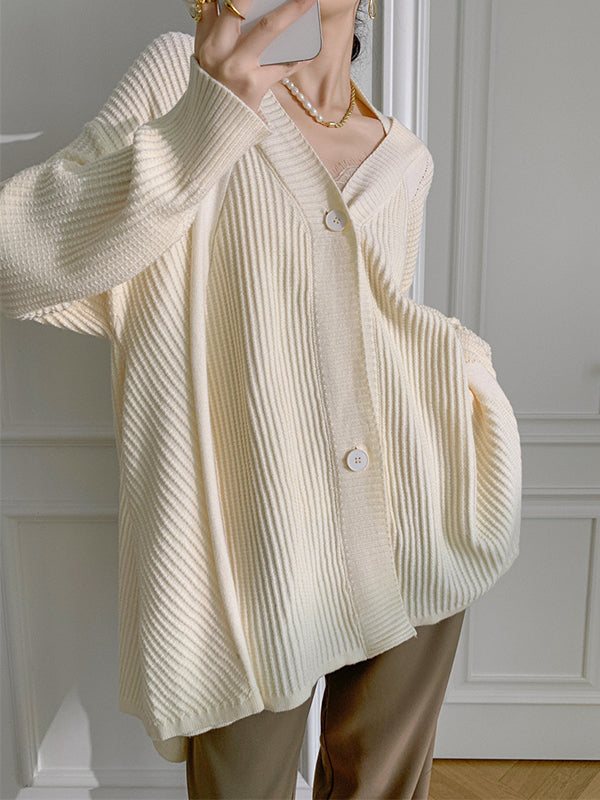 xakxx Stylish A-Line Long Sleeves Loose Solid Color V-Neck Cardigan Tops