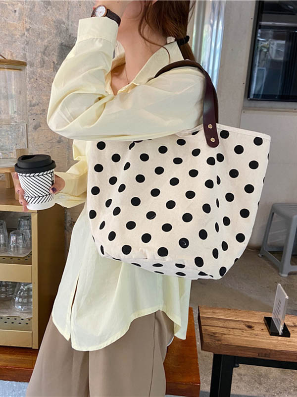 xakxx Vintage Canvas Polka-Dot Printed Makeup Tote Bag Bucket Bag