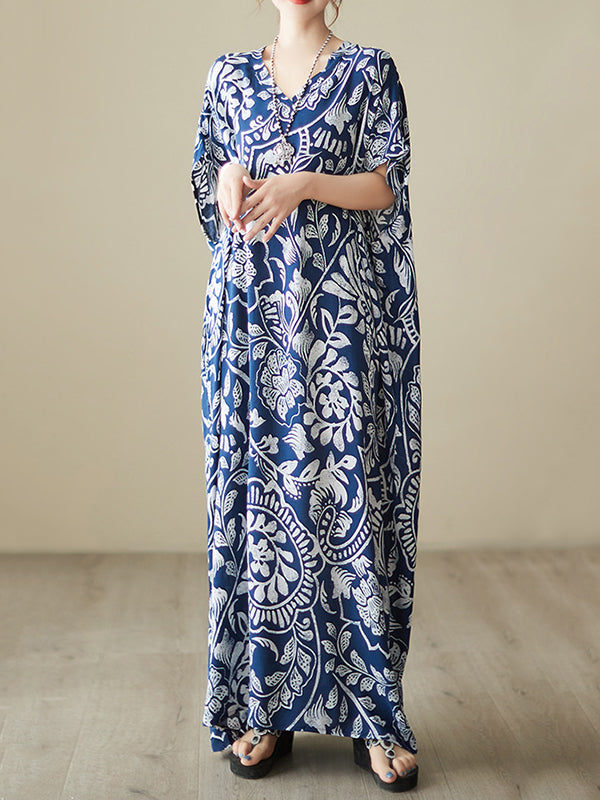 xakxx Loose Short Sleeves Printed V-Neck Maxi Dresses