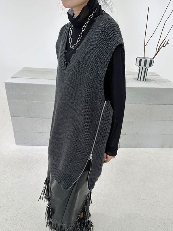 xakxx Loose Sleeveless Asymmetric Split-Side Zipper V-Neck Vest Outerwear