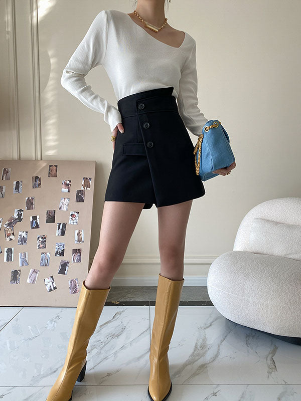 xakxx High Waisted Irregular Clipping Solid Color Culotte Shorts Bottoms