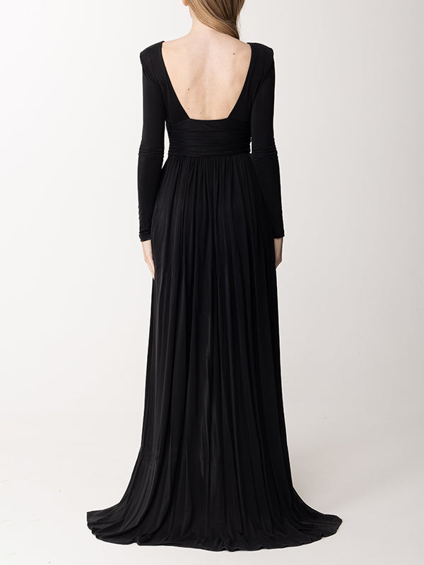 xakxx Long Sleeves Backless No Body Chain Pleated Solid Color Tied Waist Maxi Dresses