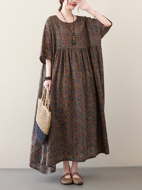 xakxx Vacation Loose Half Sleeves Floral Printed Pleated Round-Neck Midi Dresses