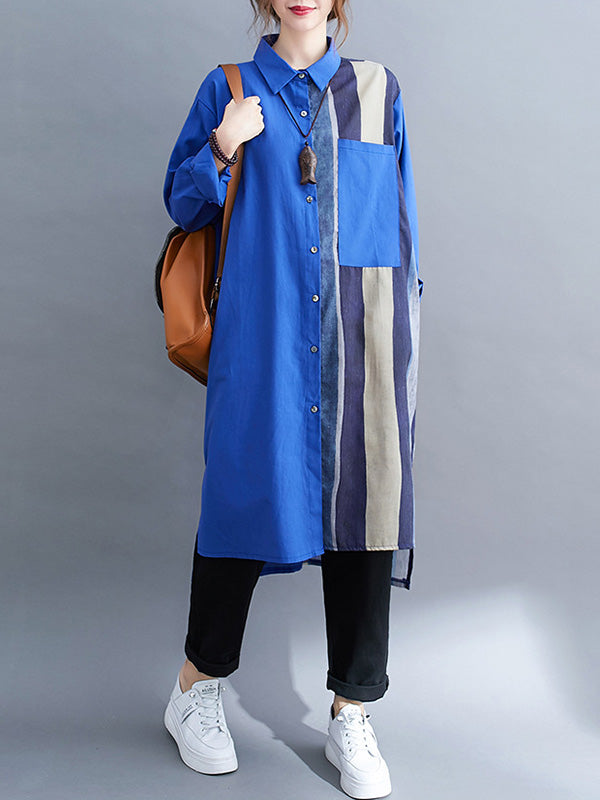 xakxx Original Buttoned Contrast Color Split-Joint Long Sleeves Lapel Blouse