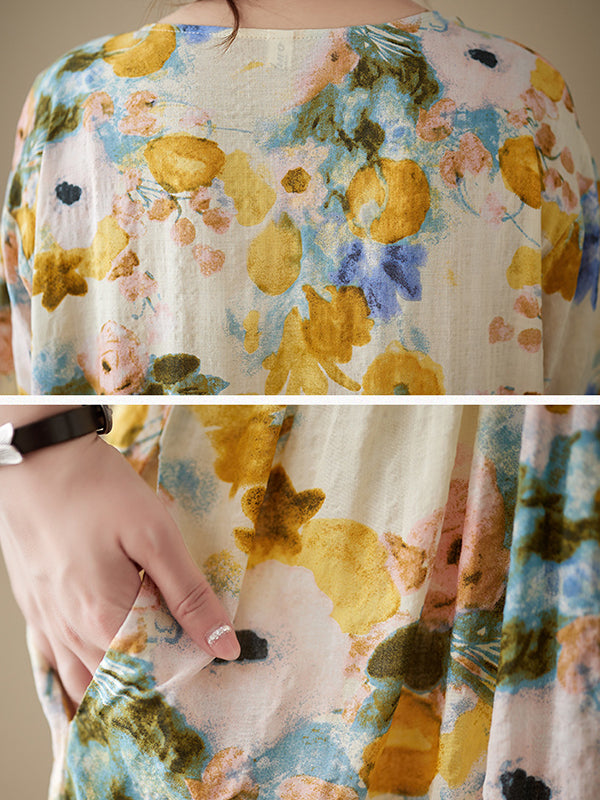 xakxx A-Line Loose Floral Printed Round-Neck Midi Dresses