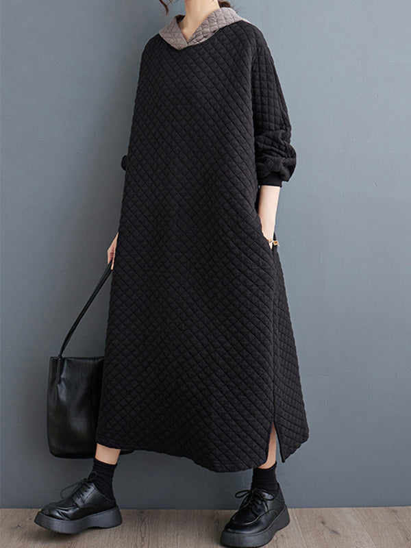 xakxx A-Line Long Sleeves Hooded Quilted Split-Side Midi Dresses