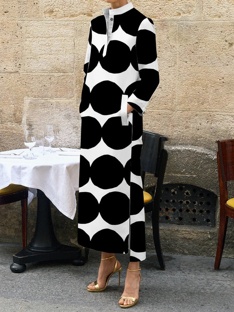 xakxx Long Sleeves Loose Polka-Dot Split-Side Stand Collar Midi Dresses