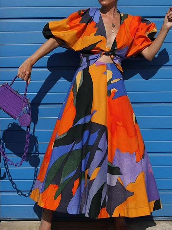 xakxx Original Puff Sleeves Loose Contrast Color Printed Deep V-Neck Maxi Dresses