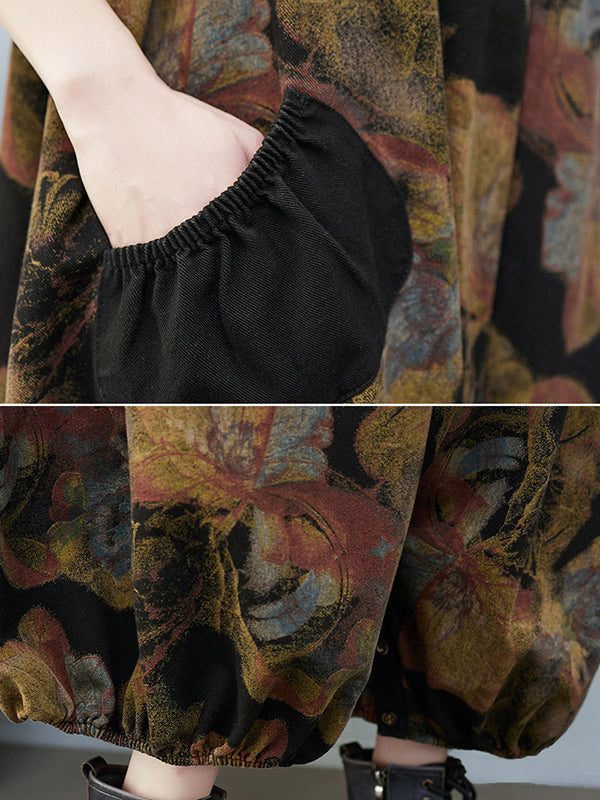 xakxx Artistic Retro Vintage Loose Floral Printed Square-Neck Sleeveless Overalls
