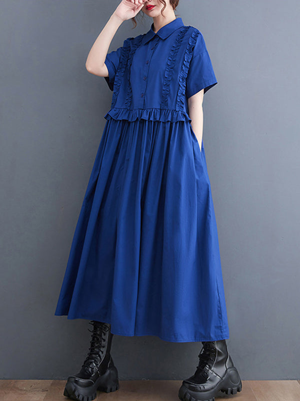 xakxx Simple Short Sleeves Loose Buttoned Falbala Split-Joint Solid Color Midi Shirt Dress