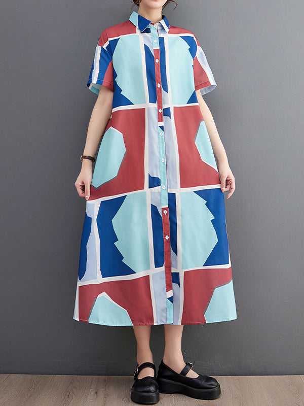 xakxx Loose Short Sleeves Cartoon Printed Multi-Colored Lapel Midi Dresses Shirt Dress