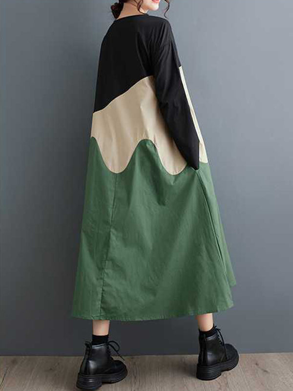 xakxx A-Line Long Sleeves Contrast Color Round-Neck Midi Dresses