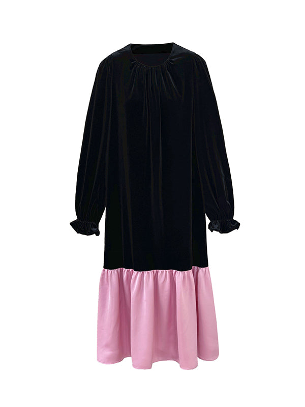 xakxx Flared Sleeves Long Sleeves Contrast Color Pleated Ruffled Split-Joint Velvet Round-Neck Midi Dresses