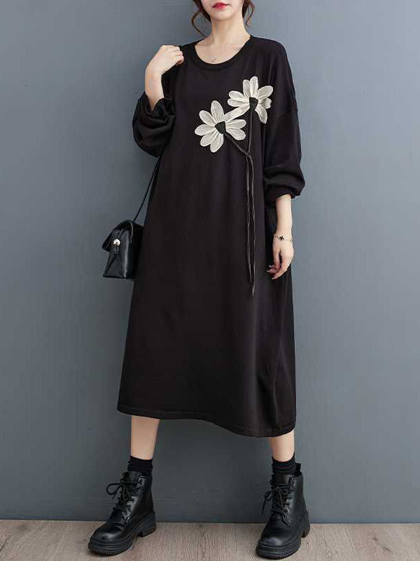 xakxx A-Line Long Sleeves Flower Print Keep Warm Round-Neck Midi Dresses