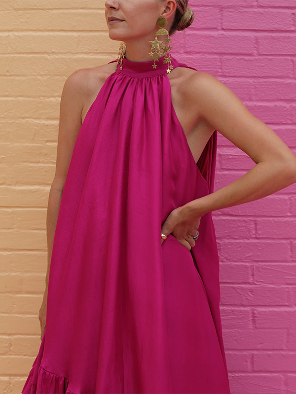 xakxx Loose Sleeveless Falbala Solid Color Stand Collar Maxi Dresses