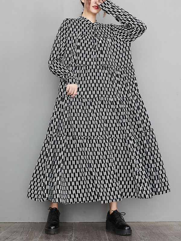 xakxx Casual Long Sleeves Loose Buttoned Contrast Color Printed Split-Joint Stand Collar Midi Dresses