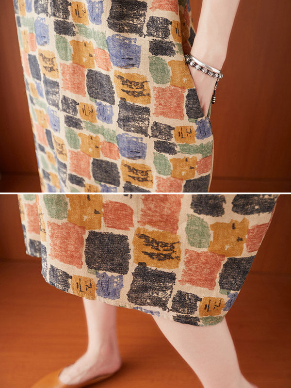 xakxx Artistic Retro Colorful Plaid Short Sleeve Dress