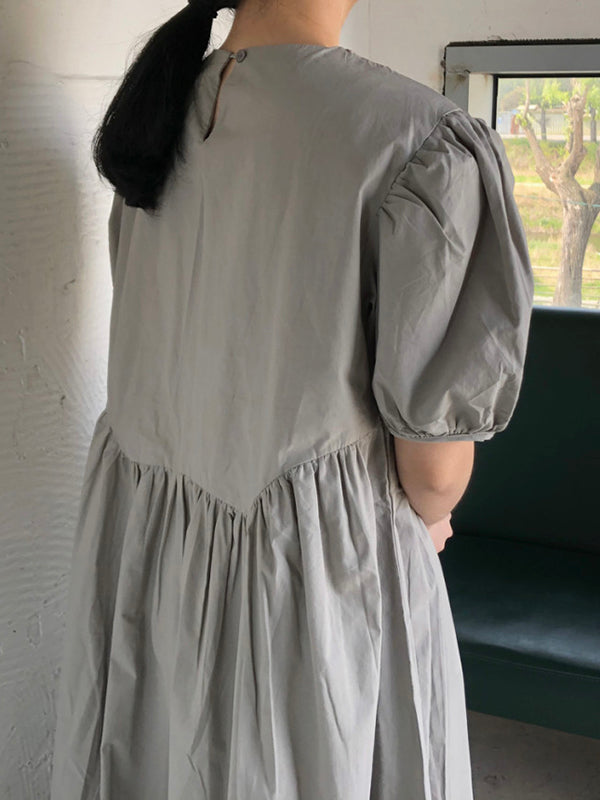xakxx Original Loose Solid Color Pleated Puff Sleeves Midi Dress