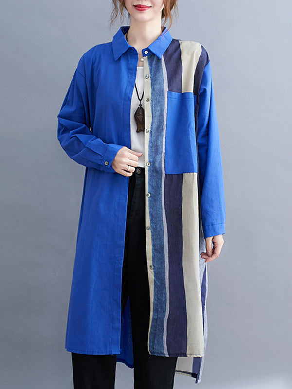 xakxx Original Buttoned Contrast Color Split-Joint Long Sleeves Lapel Blouse