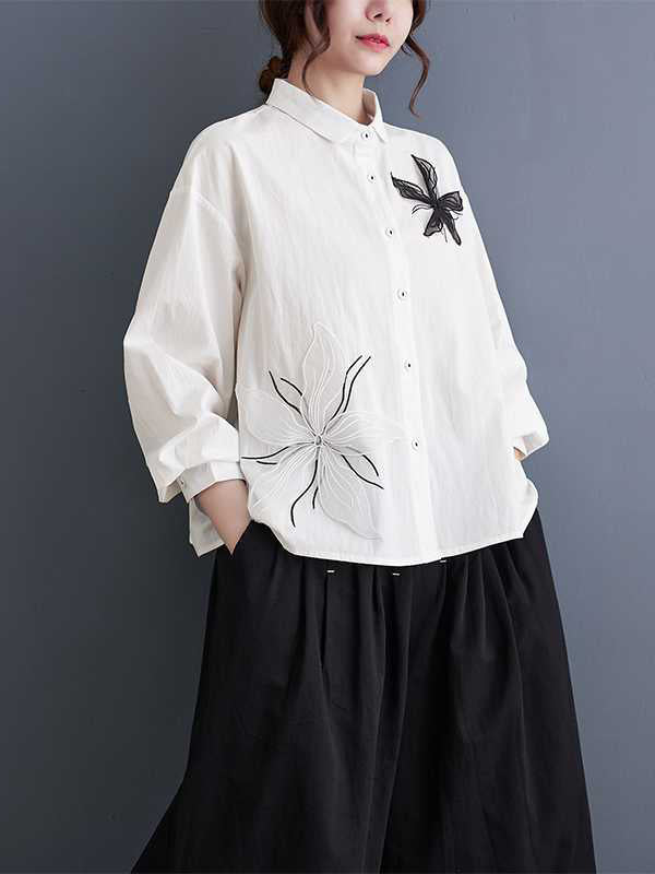 xakxx Long Sleeves Loose Applique Buttoned Embroidered Lapel Blouses&Shirts Tops
