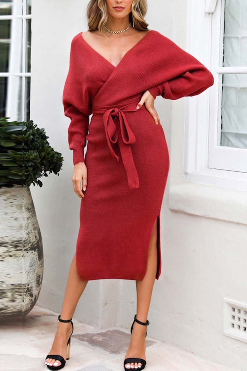 Xakxx V Neck Backless Sweater Dress(5 Colors)