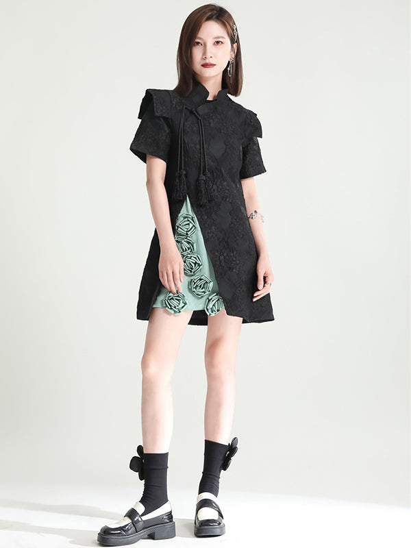 xakxx Vintage Contrast Color Applique Embroidered Short Cheongsams Mini Dress