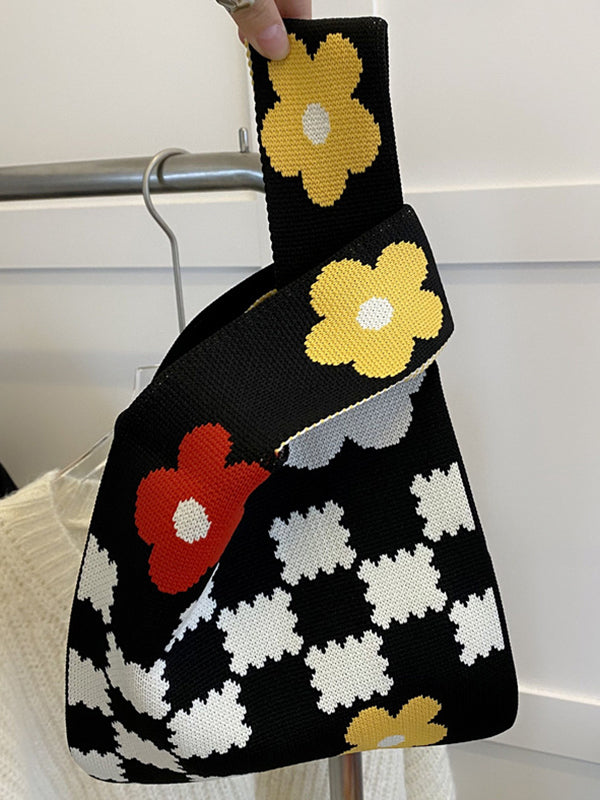 xakxx Floral Printed Plaid Bags Accessories Woven Handbag