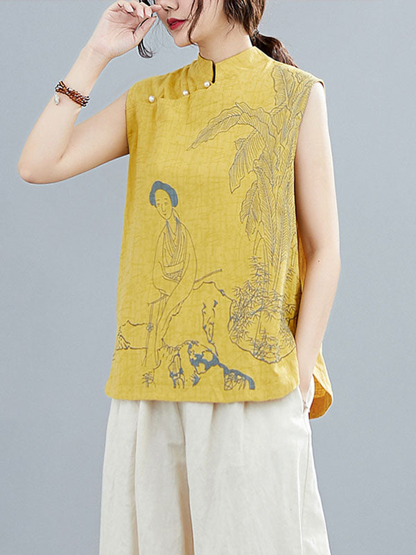 xakxx Artistic Retro Chinese-Style Printed Buttoned Stand Collar Sleeveless Vest