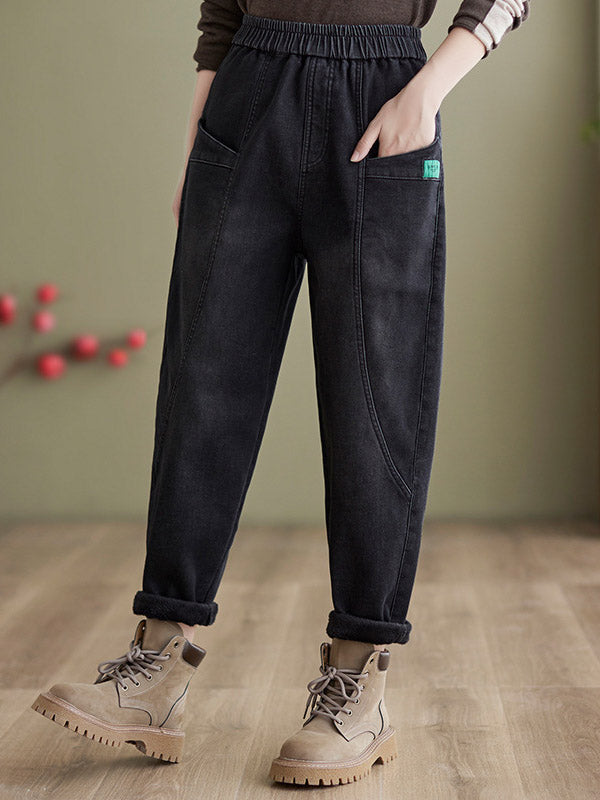 xakxx Casual Loose Velvet Solid Color With Pockets Harem Jean Pants Bottoms