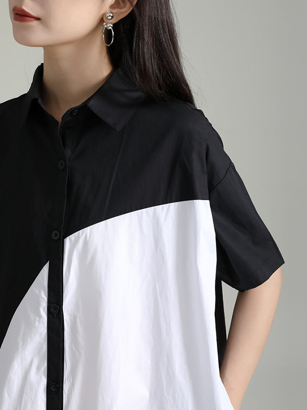 xakxx Loose Short Sleeves Asymmetric Contrast Color Split-Joint Lapel Midi Dresses Shirt Dress