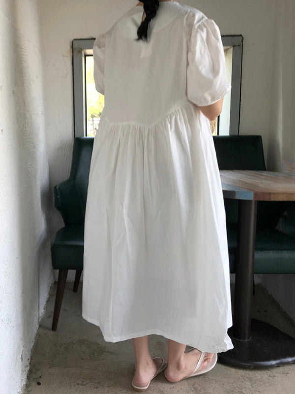 xakxx Original Loose Solid Color Pleated Puff Sleeves Midi Dress