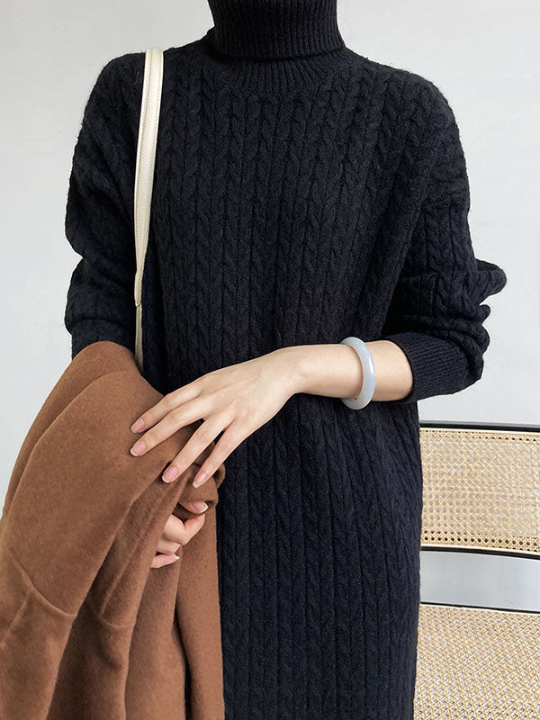xakxx Stylish Loose Long Sleeves Solid Color High-Neck Twist Sweater Dresses