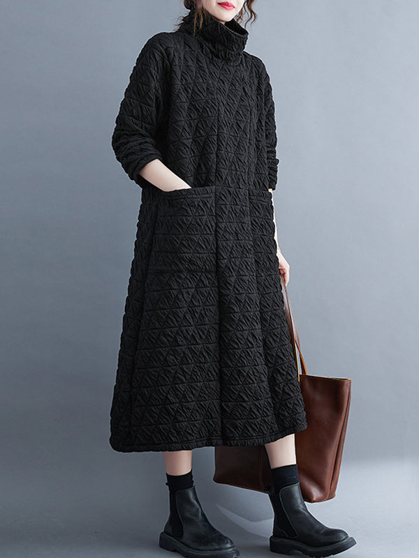 xakxx Casual Long Sleeves Loose Solid Color Textured High-Neck Cotton Padded Midi Dresses